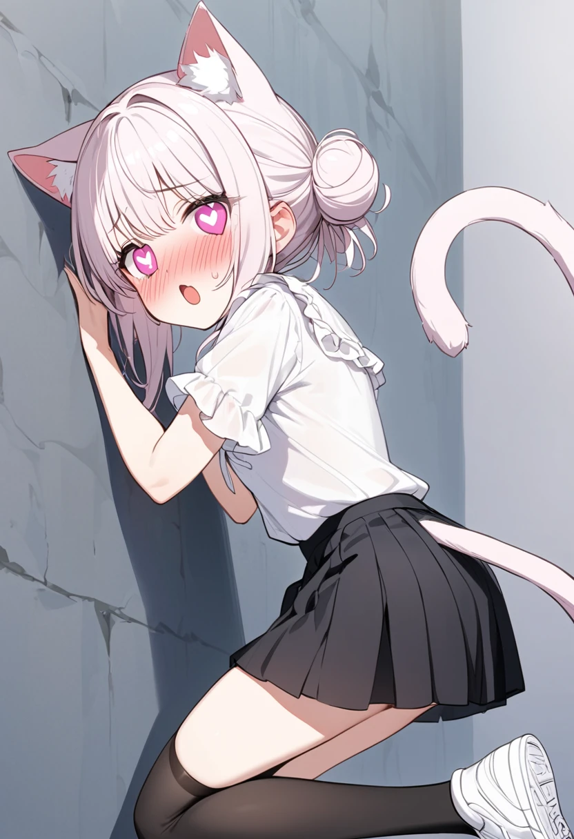 I have white pink hair, cat ears, a bun, my face is super blushing, black glasses, pink heart eyes, a blouse that reaches to my shoulders, a short black skirt, black stockings, white tennis shoes, a tail of cat a very shy girl who is glued to a wall with her butt