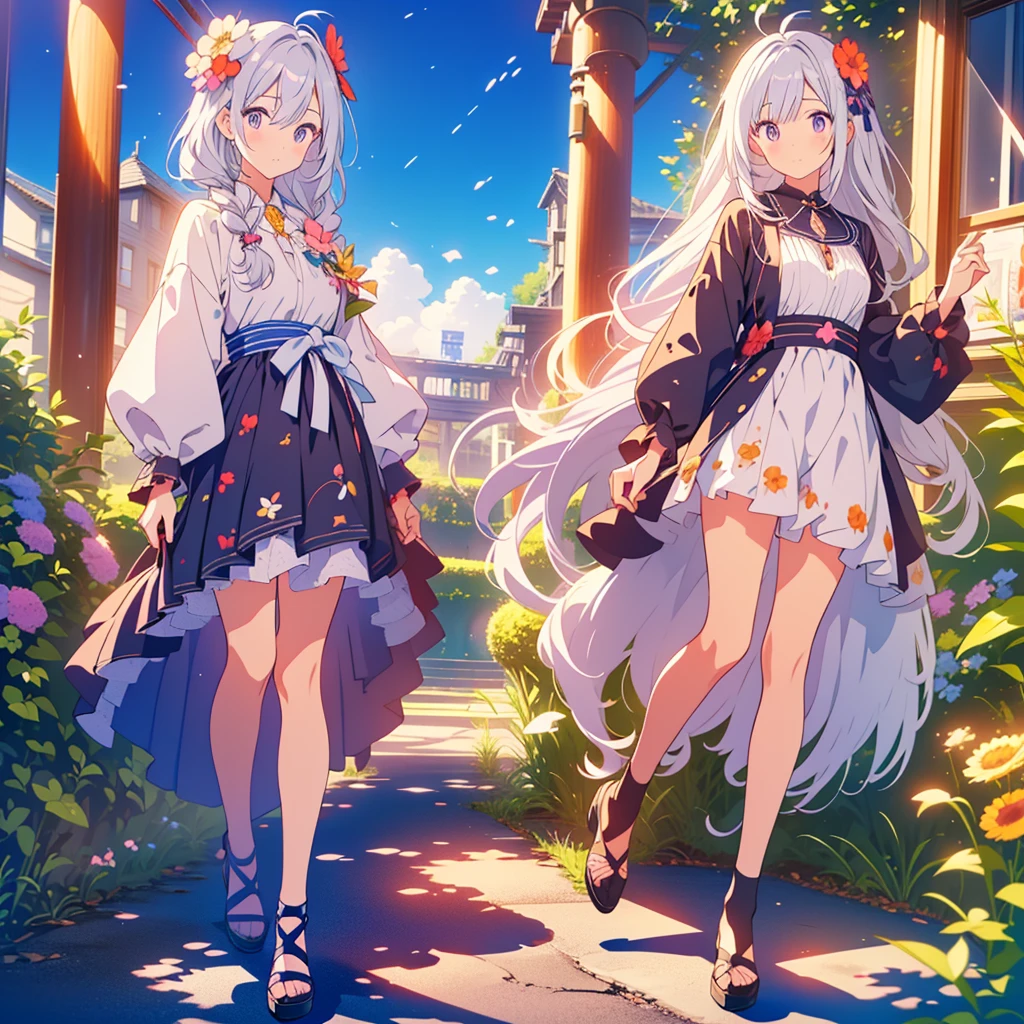 kawaii, anime, Cute, hyper quality, highly detailed, 16k, Clarity, full body, one twenty year old woman, Shining long silver hair, lapis lazuli eyes, gerbena flower, gerbena flower garden, purple gerbena flowers, pink gerbena flowers, Walk along the flower brick path, walk, He has a black cat at his feet., clear sky, particles of light, planted gerbera flowers, Clearly depict facial expressions, wink,
