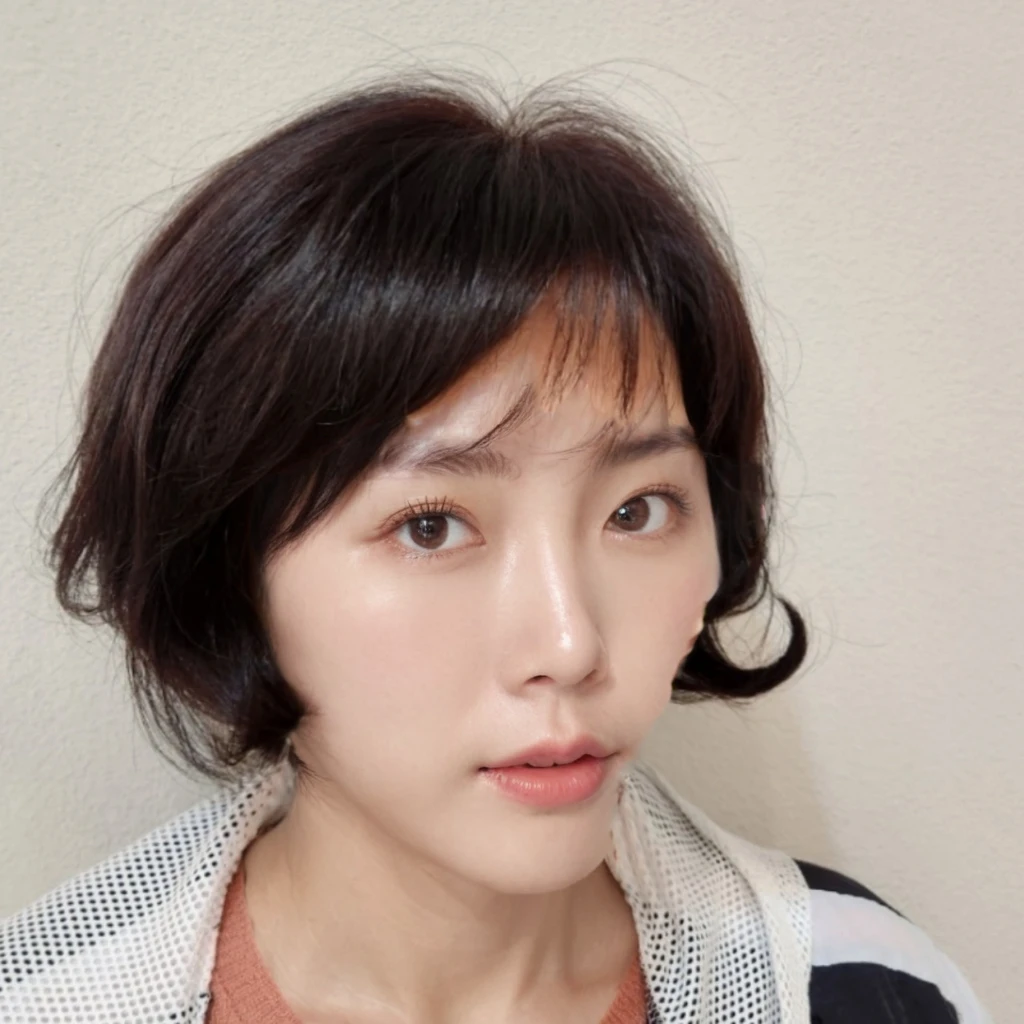 Best Quality, 8k, Masterpiece, (Portrait: 1.3), (photo realistic:1.4), (hyper realistic:1.4), Sharp Focus, looking at viewer, (smoother lighting:1.1), (increase cinematic lighting quality:0.9), realistic lighting, backlighting, light on face, ray trace, (brightening light:1.2), (Increase quality:1.4), sharp detail, (best quality real texture skin:1.4), finely detailed eyes, black_eyes, finely detailed face, 25 year old Korean woman