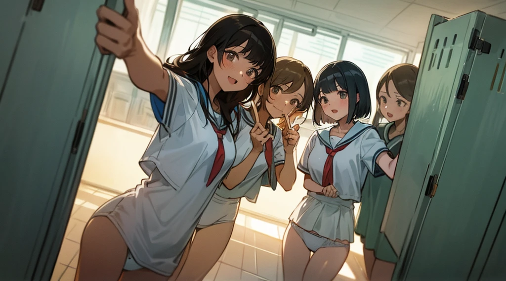 (masterpiece, high quality), (Multiple Girls), 14, Female student, locker room, (White panties), Sporting goods, (Group selfie), Wide-angle, Soft Light,