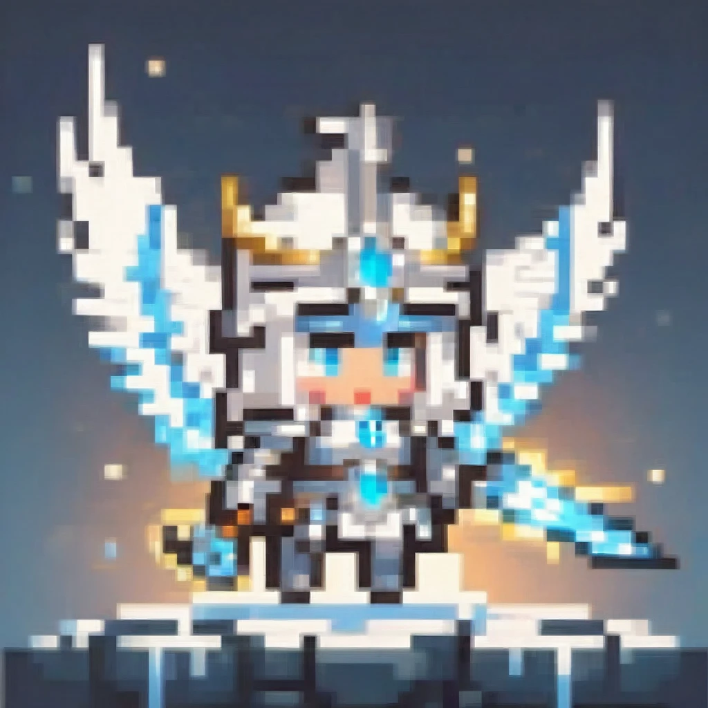 A chibi female character in shining silver and white Valkyrie armor from Norse mythology, wielding a glowing spear. She has swan wings and feathers, glowing ice-blue eyes, and elegant angelic horns. The spear glows with a holy light effect, and she is in a dynamic flying pose. The artwork features cinematic lighting and moody colors, in a digital art, concept art style.
