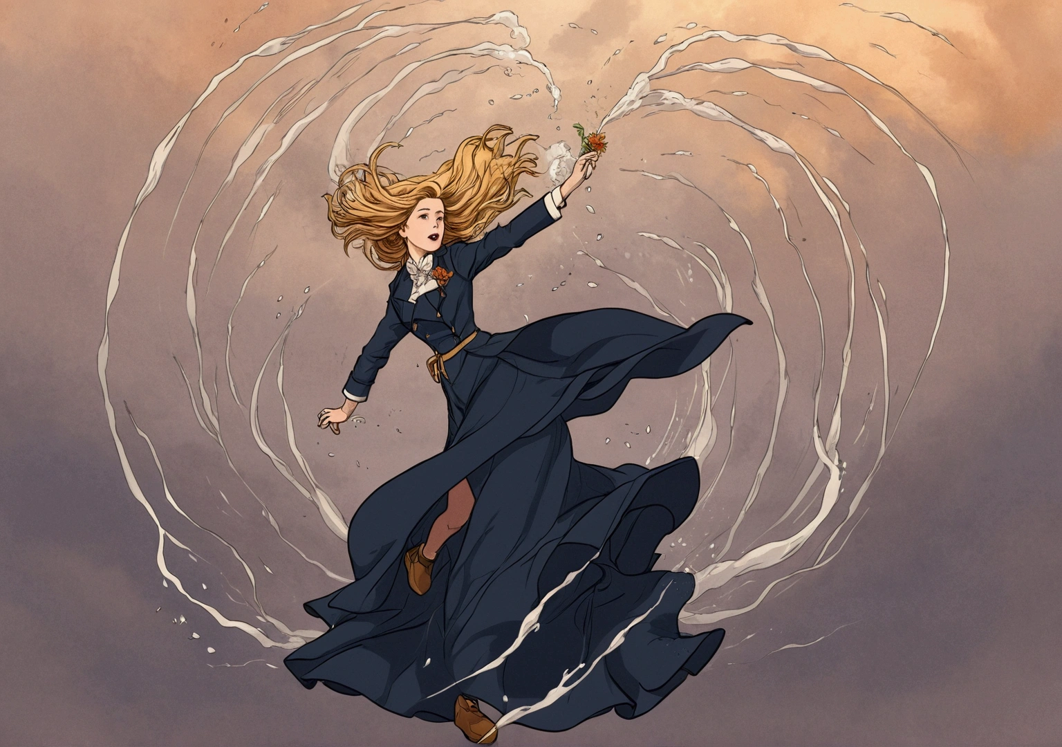 There are paintings of women wearing dresses and top hats., wind shaman!, The 13th Doctor resurrects, windy day, Inspiration from Richard Doyle, Anime girl is running., The weather is windy., The wind is blowing, cold storm wind, Female protagonist 👀 :8, , during a storm, fan art, The wind is blowing and hair flowing splash art เติมก้อนหินไว้ตรงข้างๆทั้งซ้ายและขวา มีฉากหลังเป็นป่าและท้องฟ้า