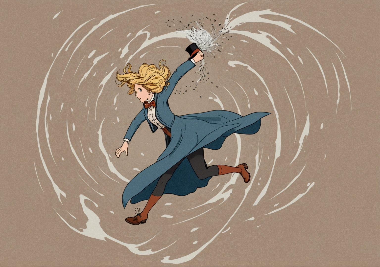 There are paintings of women wearing dresses and top hats., wind shaman!, The 13th Doctor resurrects, windy day, Inspiration from Richard Doyle, Anime girl is running., The weather is windy., The wind is blowing, cold storm wind, Female protagonist 👀 :8, , during a storm, fan art, The wind is blowing and hair flowing splash art เติมก้อนหินไว้ตรงข้างๆทั้งซ้ายและขวา มีฉากหลังเป็นป่าและท้องฟ้า
