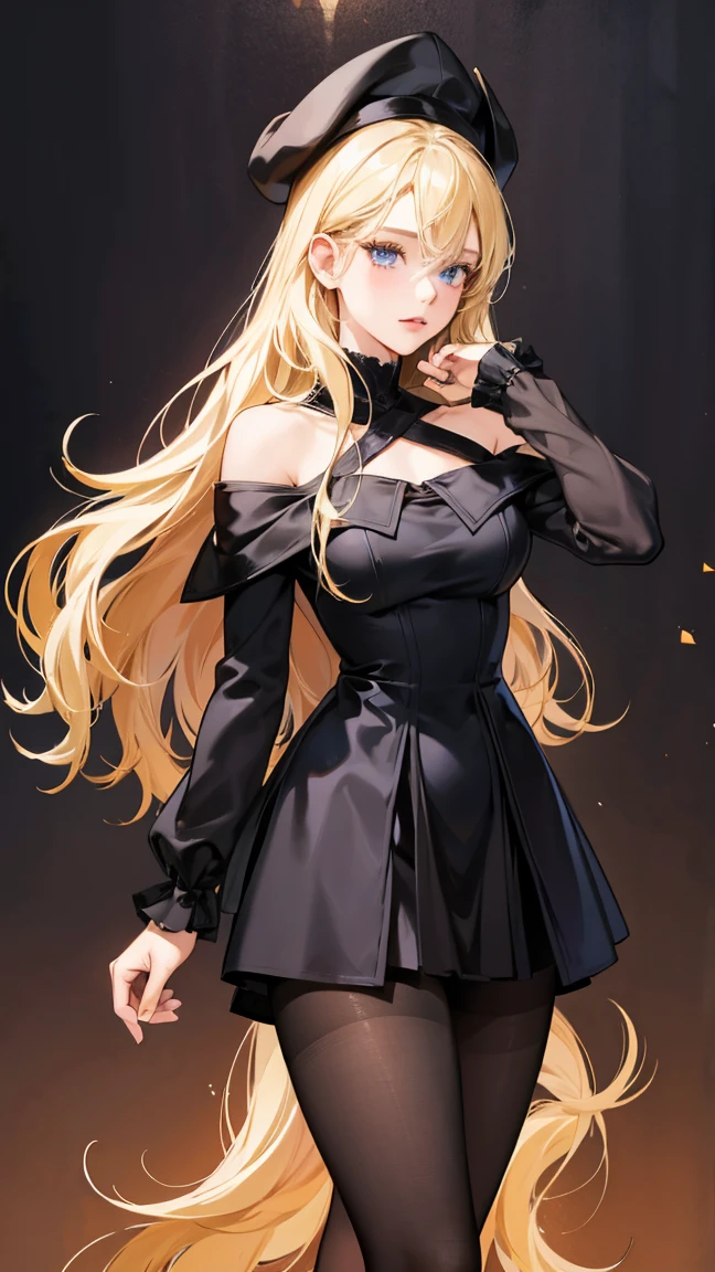 1girl, 30 years old, black caped dress, off-the-shoulder, blonde hair, long hair, blonde, blue eyes, black pantyhose, sexy, seductive body language,