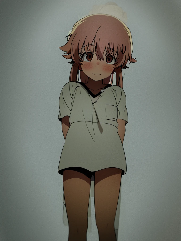 Yuno Gasai wearing a , close up, standing, casual, smiling softly, blushes, shy, white background 