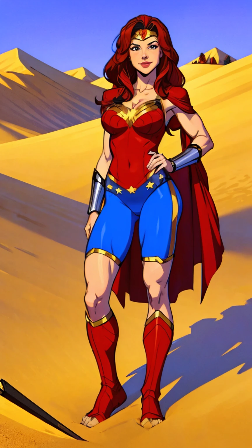 ((Full body photo, standing, feet on the ground)) a 40 year old American woman wearing wonder woman outfit, cyclist body, beautiful body, standing, near the beautiful Arab princess wearing gladiator outfit in the middle of the desert