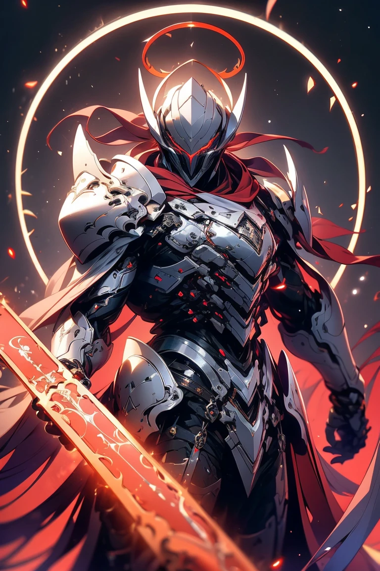 In the heart of a dark and mystical realm, a knight of unyielding valor sat upon his throne. Clad in an armor of radiant white, his visage was marked by the crimson hue of his eyes, gleaming like embers in the dimly lit chamber. His armor bore intricate symbols, painted in blood-red hues, a testament to his gruesome victories. Upon his helmet, a more menacing aspect revealed itself - a gory, bloodstained visage, embellished with the same fiery-red eyes. A halo of pure white light emanated from his gaze, imbued with a fierce and otherworldly aura.

