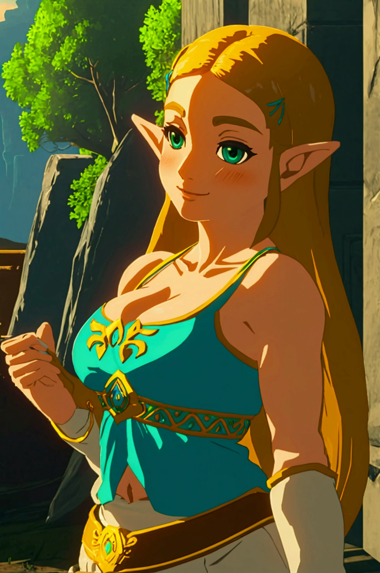 Best Quality, high resolution, big breasts, blush, SMILE, cowboy shot, zelda, in a temple, green eyes, foreground, deep neckline, deep neckline, big breasts