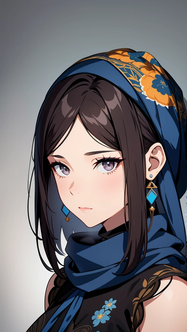 a portrait of a young woman with flowing dark brown hair and striking gray eyes. She wears a black headscarf and a dark blue floral-patterned top. Her accessories include long, blue earrings, and her makeup is minimal, emphasizing her natural features. in color manga style --ar 9:16 --sref 783 --stylize 750 --niji 6