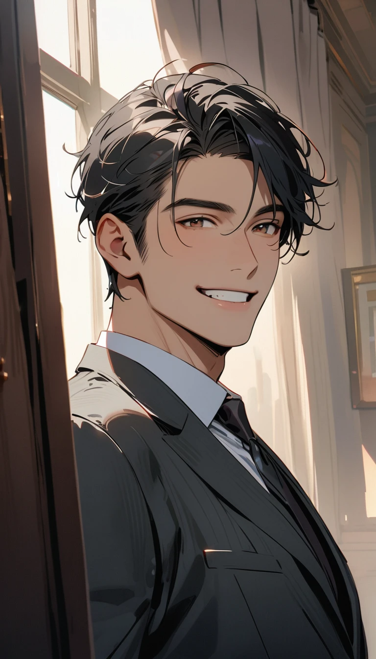 best quality, award winning, highres, high details, super detail, anatomically correct , A handsome man with short black hair is wearing a charcoal gray suit. He has a kind and sincere smile.