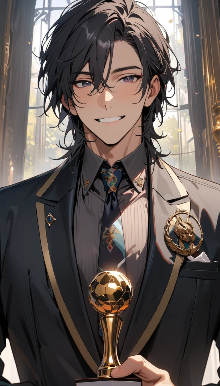 best quality, award winning, highres, high details, super detail, anatomically correct , A handsome man with short black hair is wearing a charcoal gray suit. He has a kind and sincere smile.