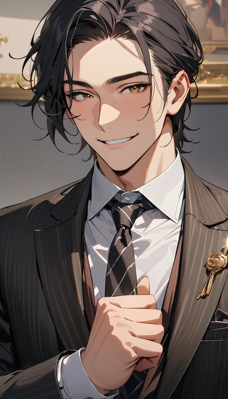 best quality, award winning, highres, high details, super detail, anatomically correct , A handsome man with short black hair is wearing a charcoal gray suit. He has a kind and sincere smile.