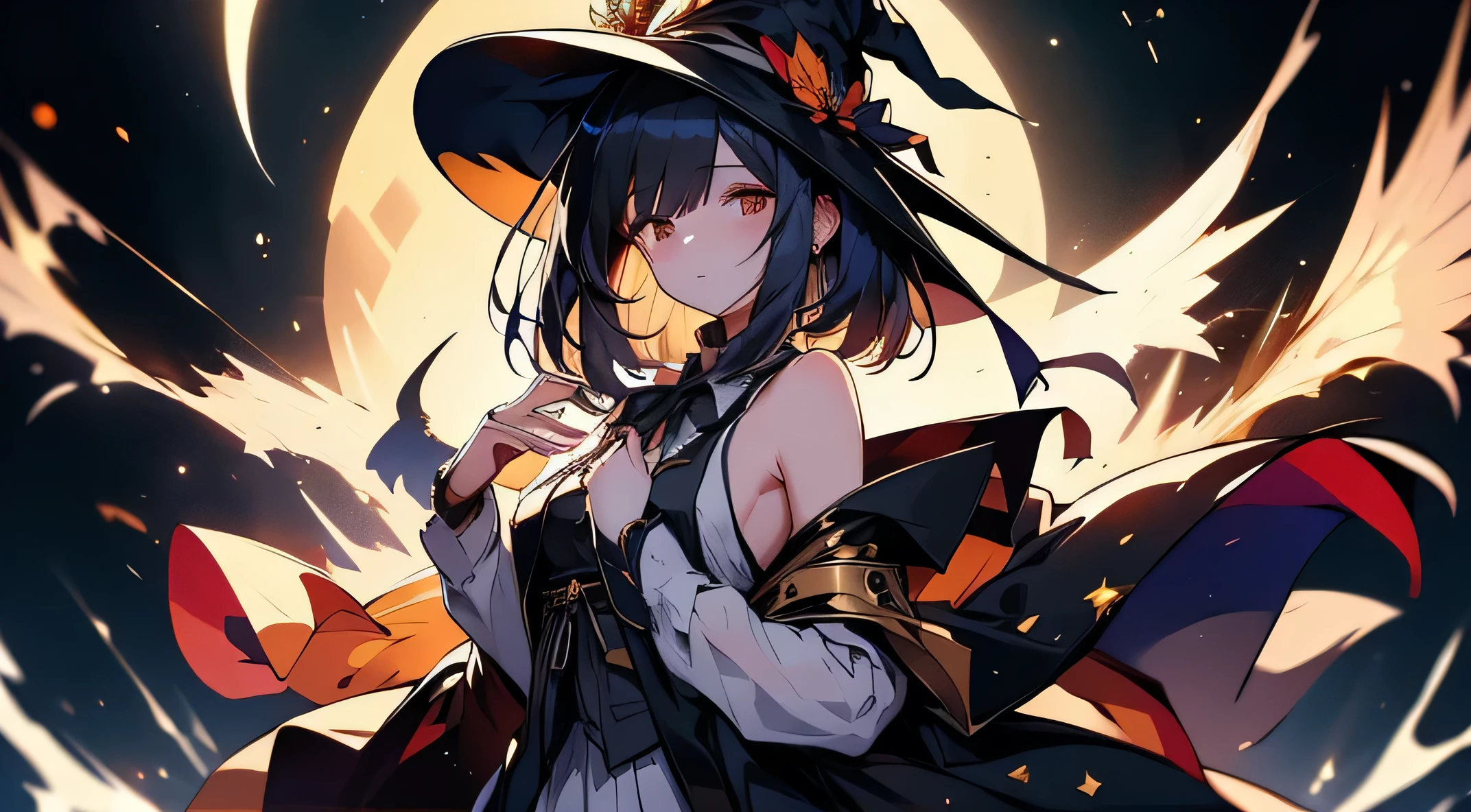 ((irina)),(((masterpiece))),(Highest quality))),(Very isetailed)))),Exposing shoulders, white_Collared shirt, Yellow ribbon, Witch Hat, Black Robe, Black Skirt, , night, moon, Shine, :is, Delicate hands