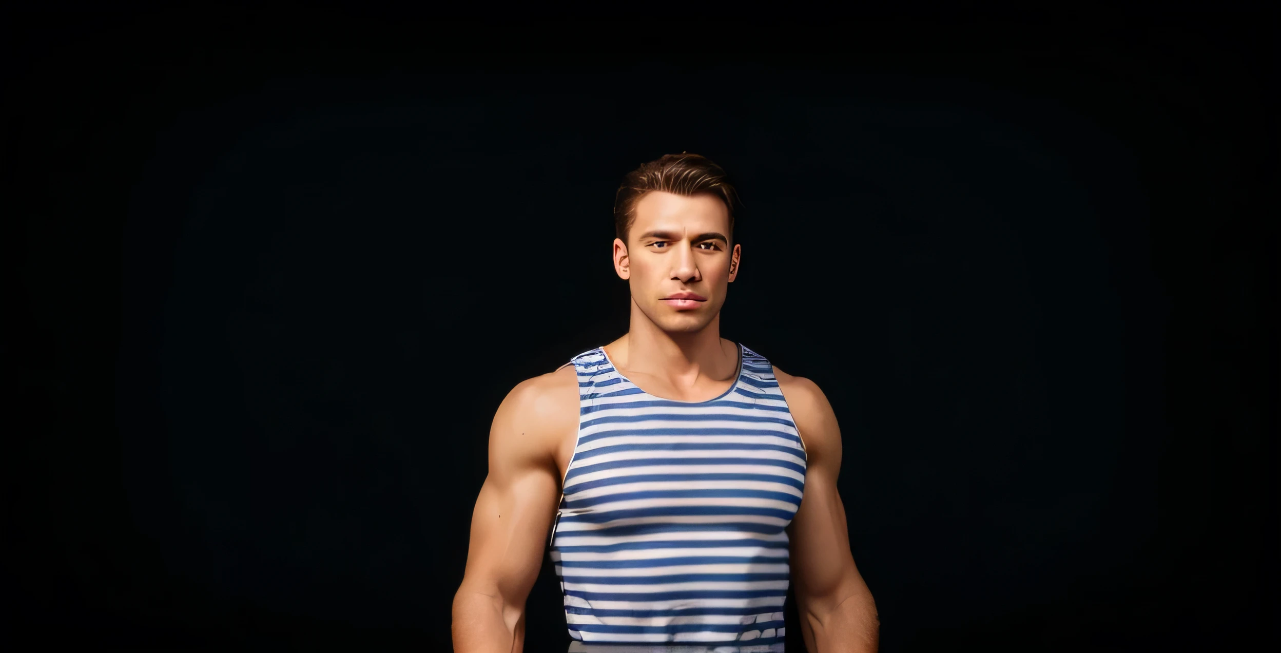 A hyper-realistic photograph of a muscular man with short, wearing a blue and white striped tank top. The background is deep black, highlighting the subject. His skin should show detailed textures with visible pores, natural blemishes, and slight stubble on his face. The lighting should be soft and natural, casting realistic shadows and highlights that define his muscular build and facial features. His expression is neutral but intense, with lifelike eyes reflecting light naturally. The image should capture the subtle imperfections and variations in skin tone and texture, making it look like a real person. Rendered in ultra-high resolution with meticulous attention to detail, ensuring a photorealistic outcome that resembles a high-quality studio photograph