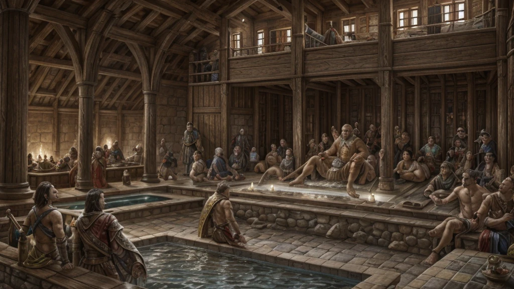 man being boiled in hot water inside a stone pool with several people selling and him in agony, medieval period