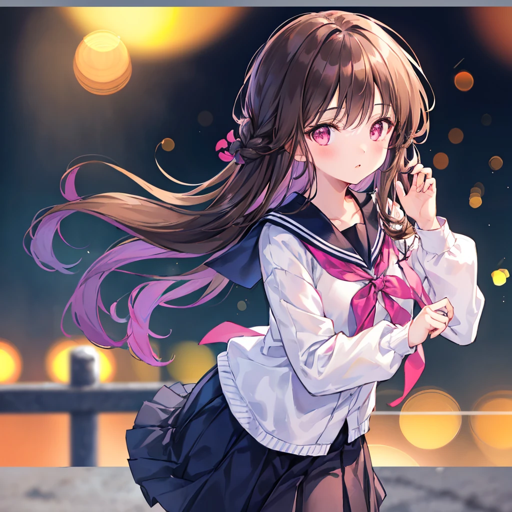 Dark brown hair color,Pale pink eyes,apricot pink school top,Navy Straight Skirt,Kind girl,((Highest quality)), (Very detailed), (High-definition CG synthesis 8K wallpaper), 高いly detailed, 高い-definition raw color photos, Professional photography, (((Bokeh))), Written boundary depth,