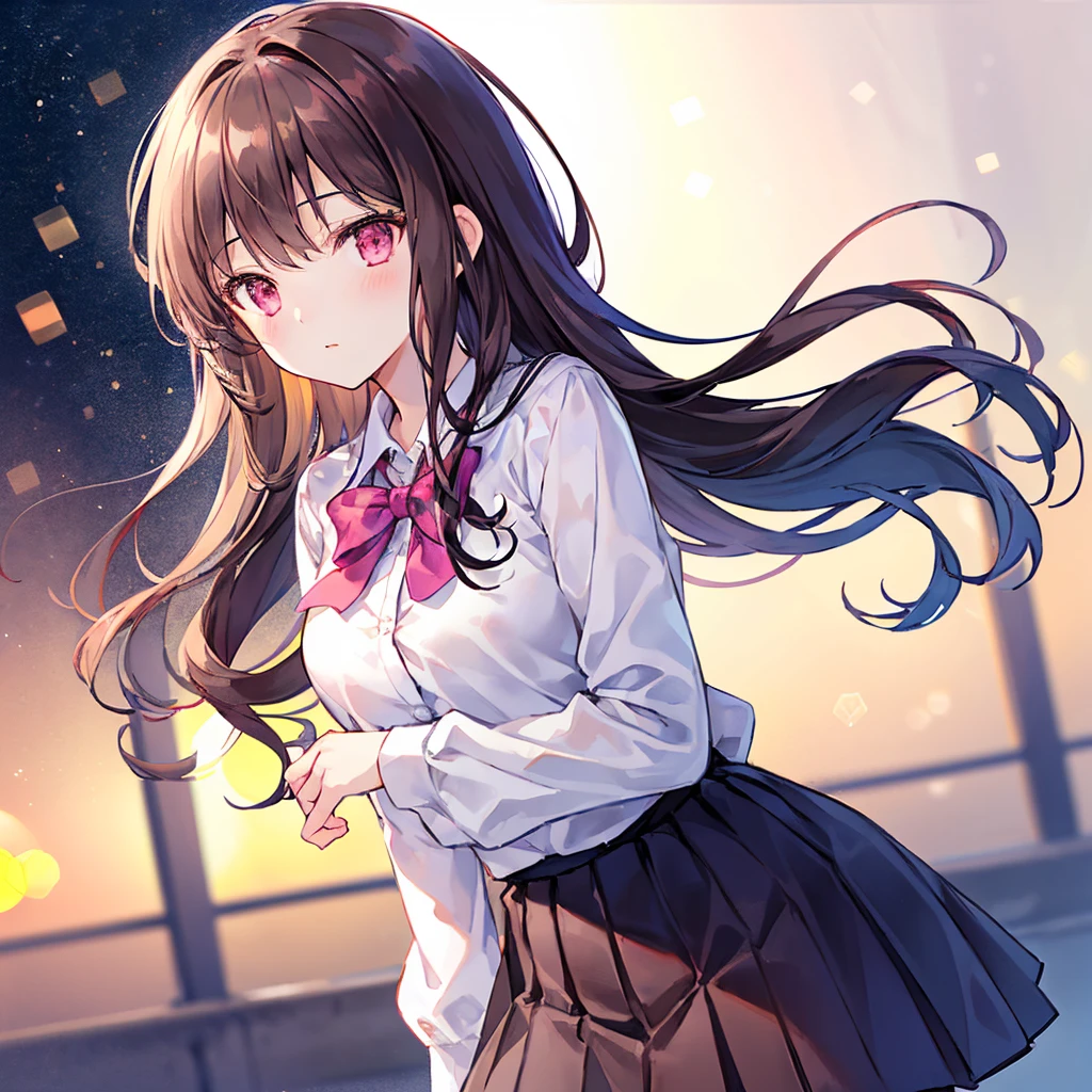 Dark brown hair color，Pale pink eyes，apricot pink school top，Navy Straight Skirt，Kind girl，((Highest quality)), (Very detailed), (High-definition CG synthesis 8K wallpaper), 高いly detailed, 高い-definition raw color photos, Professional photography, (((Bokeh))), Written boundary depth,