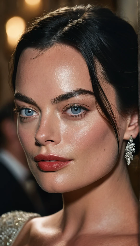 a handsome man with black hair and no beard, light eyes, actress Margot Robbie, beautiful detailed eyes, beautiful detailed lips, extremely detailed eyes and face, long eyelashes, elegant pose, gazing into each other's eyes, cinematic lighting, dramatic shadows, romantic atmosphere, ultra-detailed, 8k, highres, masterpiece, photorealistic, vivid colors, cinematic, portrait