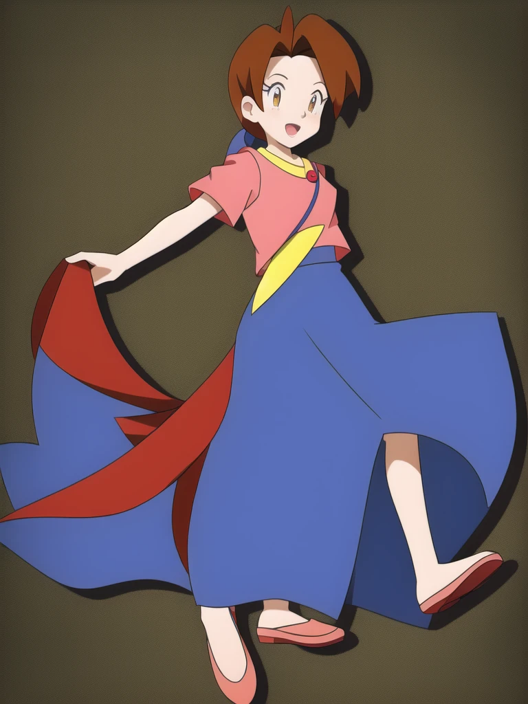Delia_Ketchum 1girl, full body, looking at viewer, :d, open mouth, (extremely detailed CG unity 8k wallpaper), (masterpiece), (best quality), (ultra-detailed), (best illustration), (best shadow), (absurdres), finely detail, skirt, shirt, blue skirt, long skirt, pink shirt, slippers,