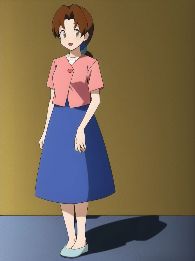 Delia_Ketchum 1girl, full body, looking at viewer, :d, open mouth, (extremely detailed CG unity 8k wallpaper), (masterpiece), (best quality), (ultra-detailed), (best illustration), (best shadow), (absurdres), finely detail, skirt, shirt, blue skirt, long skirt, pink shirt, slippers,