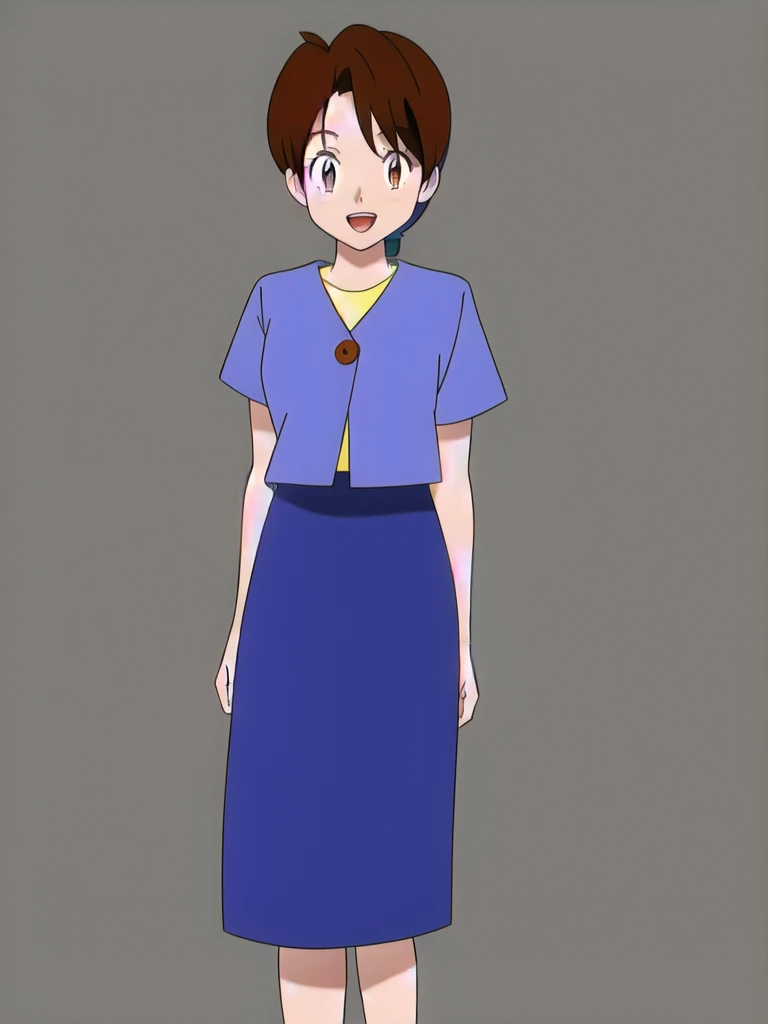 Delia_Ketchum 1girl, full body, looking at viewer, :d, open mouth, (extremely detailed CG unity 8k wallpaper), (masterpiece), (best quality), (ultra-detailed), (best illustration), (best shadow), (absurdres), finely detail, skirt, shirt, blue skirt, long skirt, pink shirt, slippers,