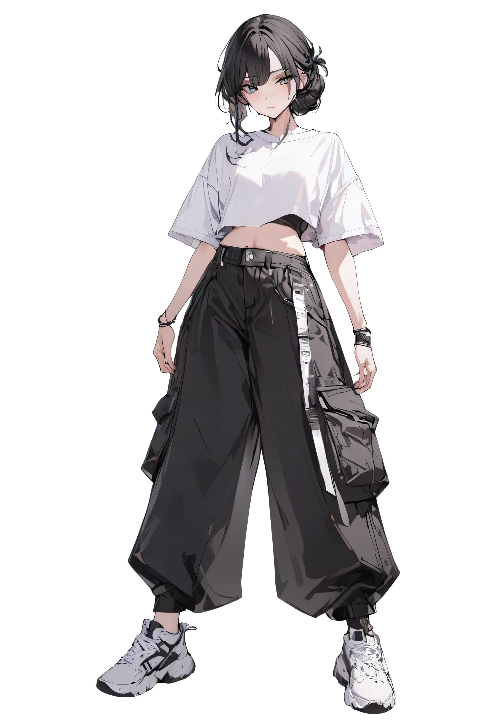 (Masterpiece, highest resolution: 1.2, 8K), center, full body, one girl, random hairstyle, black fashion, wide pants, simple sneakers, simple background, blank white background, eyes open,