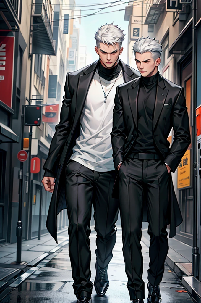 boys 26 years old, serious face, muscular, high haircut, short hair, in a flowing black long coat, white crew neck t-shirts, black trousers, Black formal shoes, ((hands behind your back)), walks down the street, on the sides of the girl,