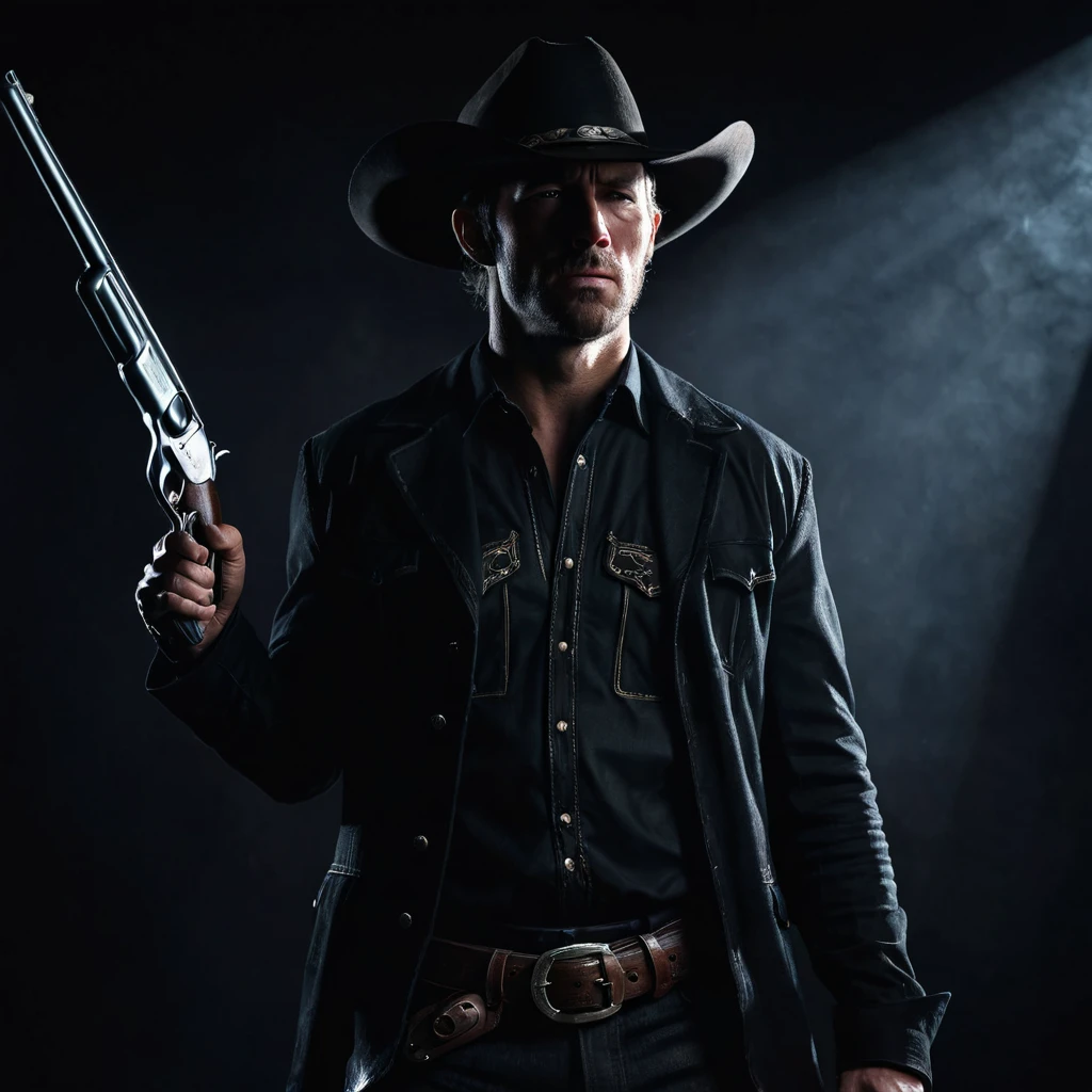 A badass cowboy in dark clothing, holding a shotgun close to his chest pointing upwards, dark shadowy background, cinematic lighting