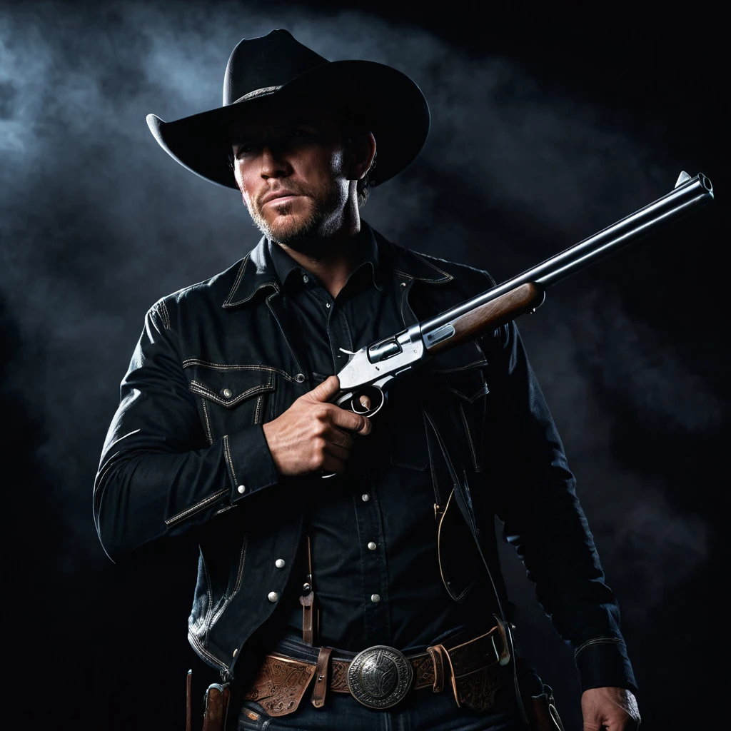 A badass cowboy in dark clothing, holding a shotgun close to his chest pointing upwards, dark shadowy background, cinematic lighting