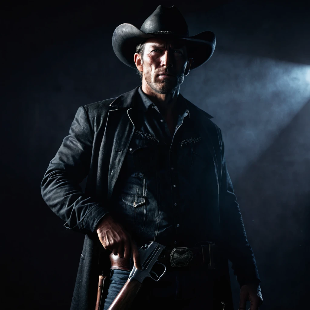 A badass cowboy in dark clothing, holding a shotgun close to his chest pointing upwards, dark shadowy background, cinematic lighting