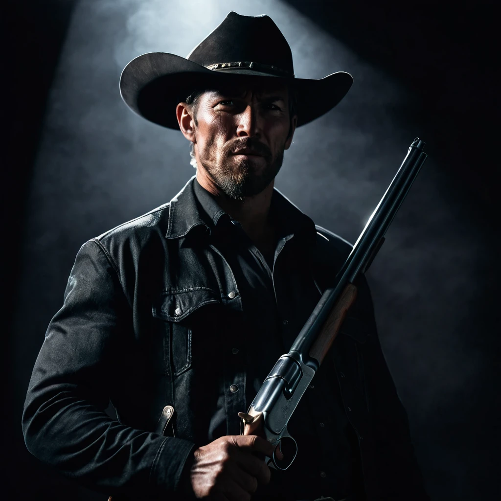 A badass cowboy in dark clothing, holding a shotgun close to his chest pointing upwards, dark shadowy background, cinematic lighting