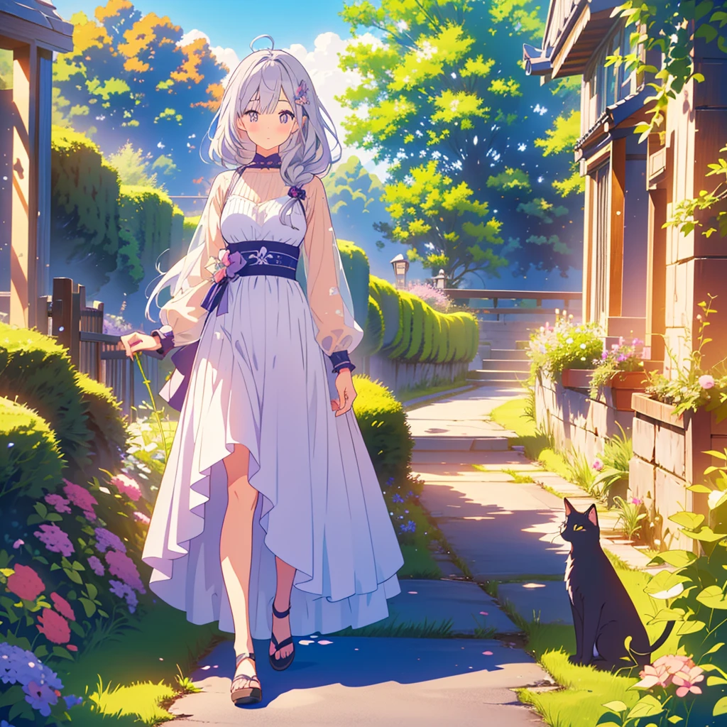 kawaii, anime, Cute, hyper quality, highly detailed, 16k, Clarity, full body, one twenty year old woman, Shining long silver hair, lapis lazuli eyes, verbena flower, verbena flower field, purple verbena flowers, pink verbena flowers, Walk along the flower brick path, walk, He has a black cat at his feet., clear sky, particles of light, shrubbery barbera flowers, Clearly depict facial expressions, wink,