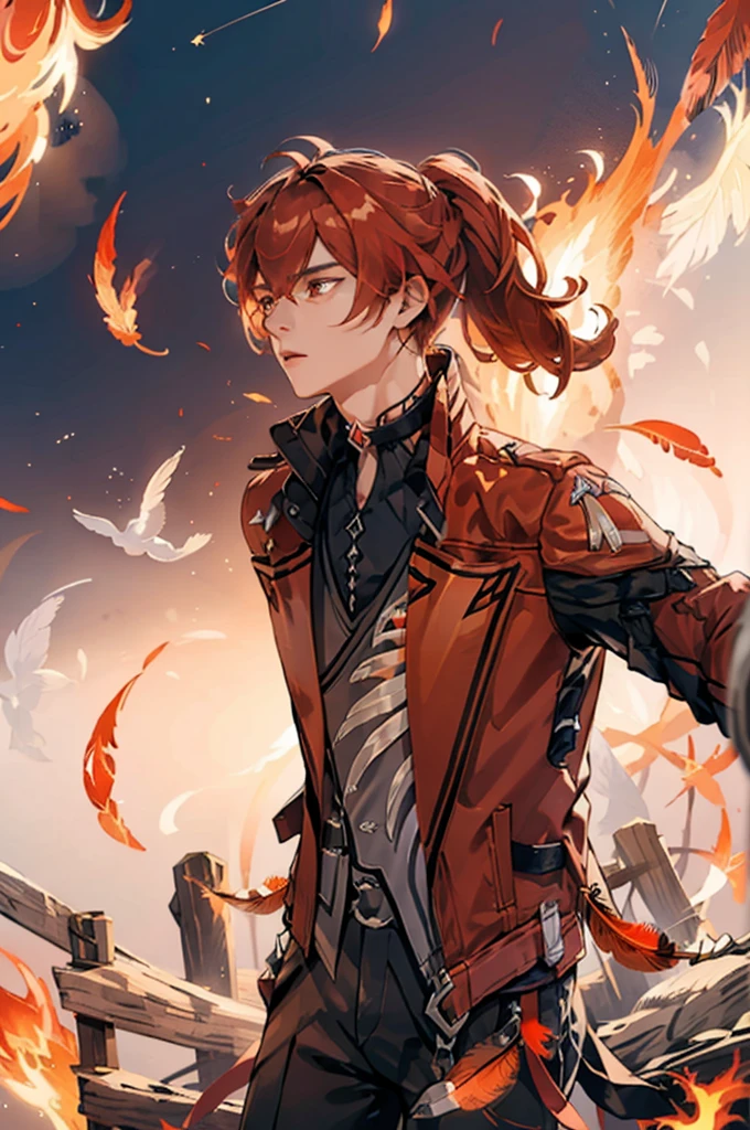 (masterpiece, best quality), 1 male, mature, aged up:1.4, tall muscular guy, broad shoulders, finely detailed eyes and detailed face, extremely detailed CG unity 8k wallpaper, intricate details, Fantasy, red hair, red flowers background,diluc (genshin impact), red eyes, ((red and orange bird feathers made of fire flying around him, lots of fire feathers)), red leather jacket, black collar, high ponytail red hair ((((flying red feathers))))
