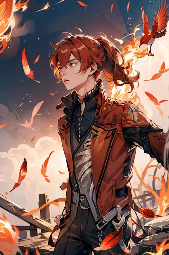 (masterpiece, best quality), 1 male, mature, aged up:1.4, tall muscular guy, broad shoulders, finely detailed eyes and detailed face, extremely detailed CG unity 8k wallpaper, intricate details, Fantasy, red hair, red flowers background,diluc (genshin impact), red eyes, ((red and orange bird feathers made of fire flying around him, lots of fire feathers)), red leather jacket, black collar, high ponytail red hair ((((flying red feathers))))