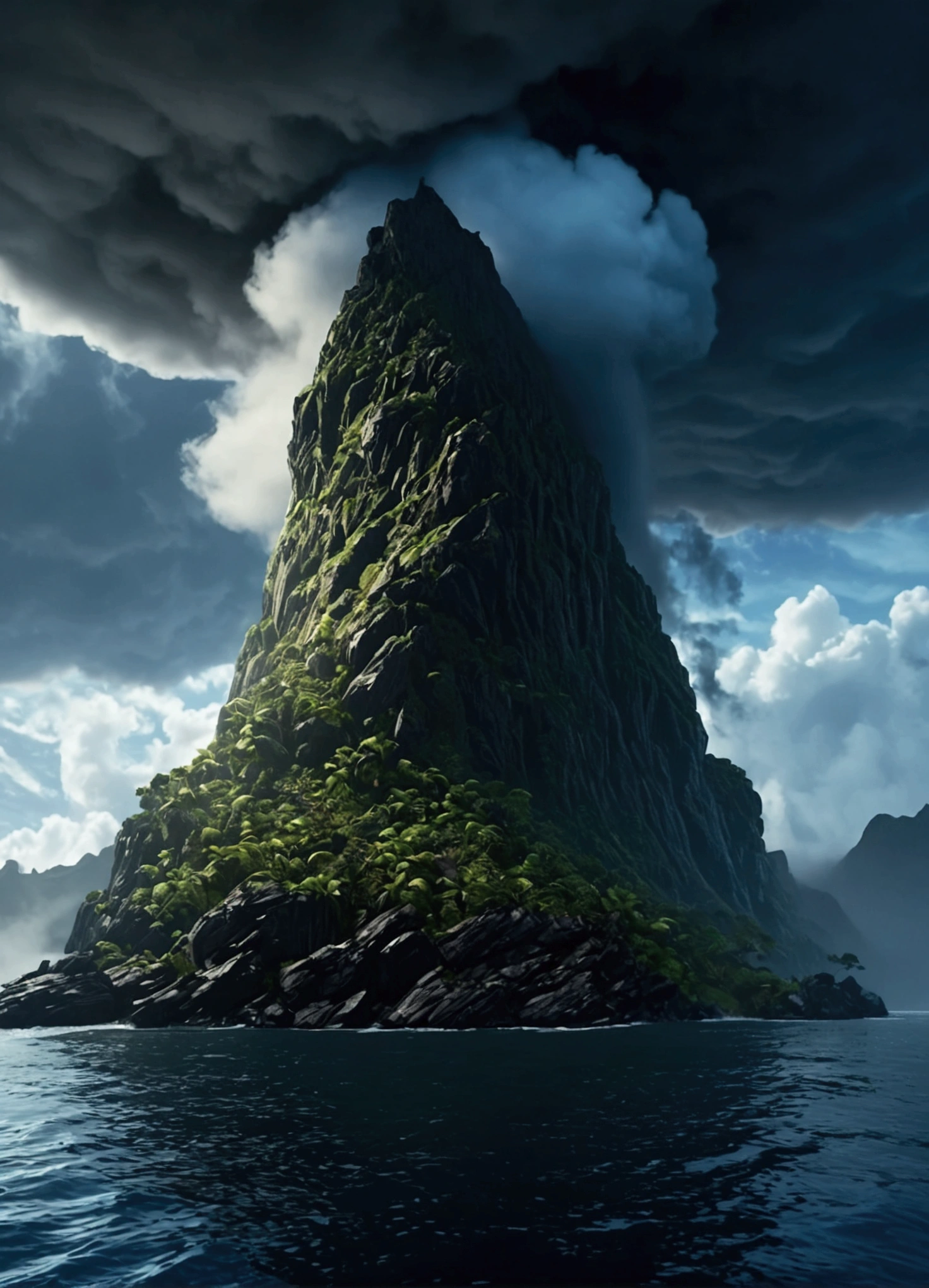 realistic cinematic dramatic view of a mysterious island with a surreal upside down mountain, stormy nebula sky, dramatic cloudy atmosphere, epic lighting, highly detailed, award winning, 8k, photorealistic, intricate details, dramatic colors, volumetric fog, cinematic composition, dramatic shadows and highlights, moody and mysterious atmosphere