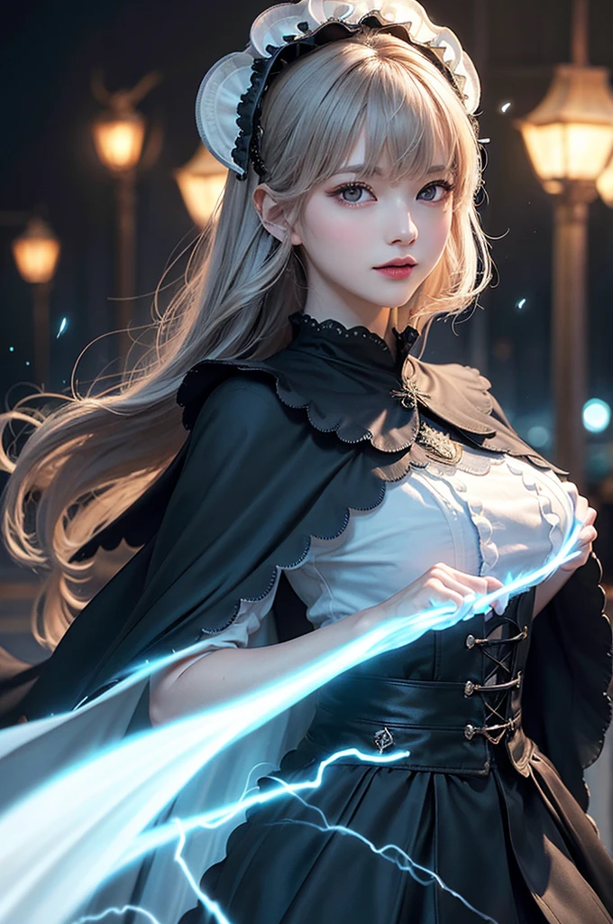 (scalloped skin:1.5), Actual, Real, (masterpiece:1.5), Concept Art, Intricate details, Very detailed, Real, Octane Rendering, 8k, アンRealエンジン, Dynamic pose, Highest quality, High resolution, (Realな顔:1.1), (超Real:1.1), ((full_body)), Perfect Eyes,(Glowing Skin:1.2), (((Hairstyle))), (((Perfect hands))), (Very detailedな背景), ((Dynamic Background)), ((闪electricity)), (Light), ((1 girl)), Wearing a cassock, (((Flowing Cape))), ((Delicate eyes, High quality eyes, High quality face)), (Very complicated robe, magical robes), short hair, casting 闪electricity, electricity, Rotating Fire, Radiation Force, spark, to smoke, magic, ((dramatic)), amazing, battlefield, Depth of written boundary, Bokeh, 4K, Gothic, Humanity, particle