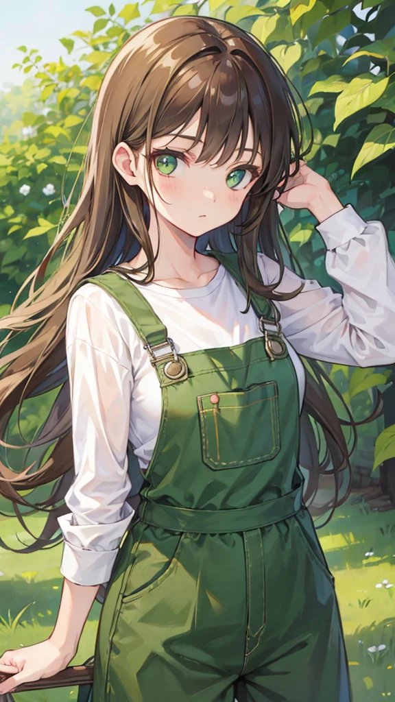 Girl with green eyes, long brown hair wearing overalls