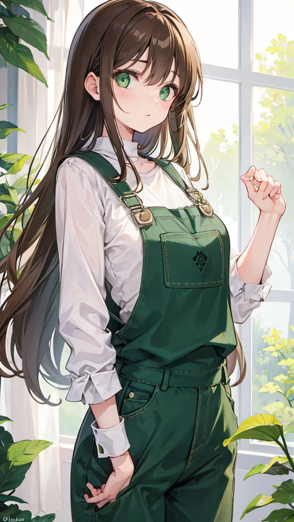 Girl with green eyes, long brown hair wearing overalls