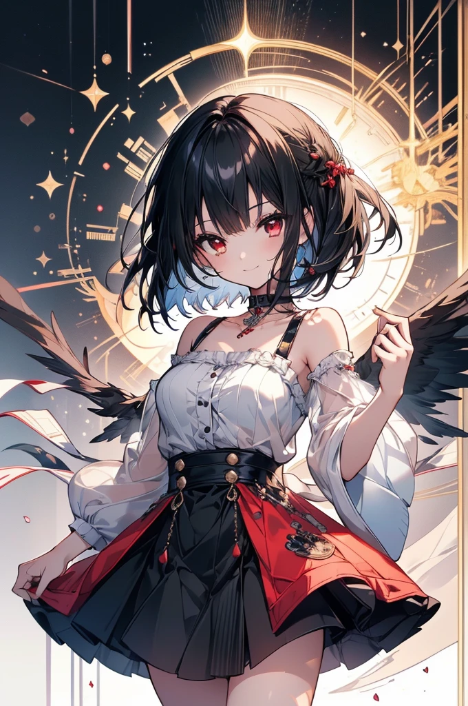 (masterpiece, highest quality, highest quality, (No text), Beautiful and aesthetic:1.2),No text,アニメ、BREAK,One Girl,Black Hair Girl short hair older sister choker Beautiful eyes Red eyes cool smile Red and Black one piece mini skirt whole body In town