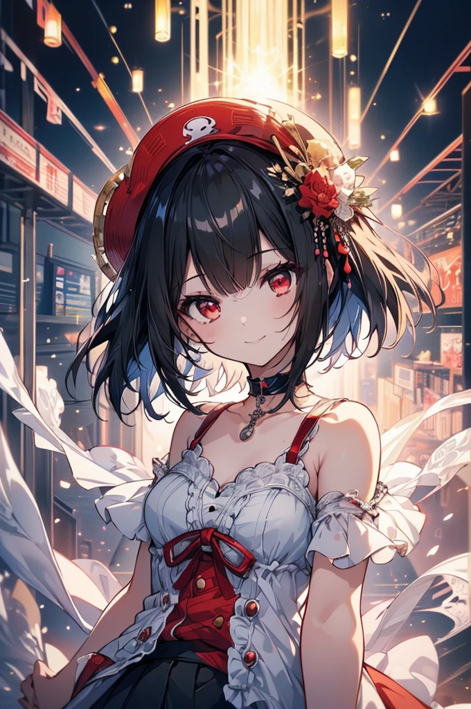 (masterpiece, highest quality, highest quality, (No text), Beautiful and aesthetic:1.2),No text,アニメ、BREAK,One Girl,Black Hair Girl short hair older sister choker Beautiful eyes Red eyes cool smile Red and Black one piece mini skirt whole body In town
