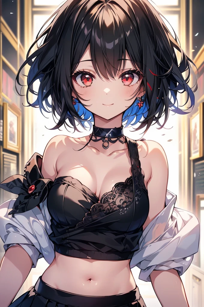 (masterpiece, highest quality, highest quality, (No text), Beautiful and aesthetic:1.2),No text,アニメ、BREAK,One Girl,Black Hair Girl short hair older sister choker Beautiful eyes Red eyes cool smile Red and Black one piece mini skirt whole body In town