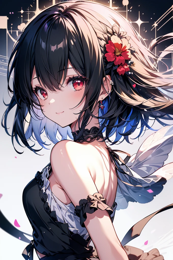 (masterpiece, highest quality, highest quality, (No text), Beautiful and aesthetic:1.2),No text,アニメ、BREAK,One Girl，Black Hair Girl　short hair　older sister　choker　Beautiful eyes　Red eyes　cool　smile　Red and Black　one piece　mini skirt　whole body　In town