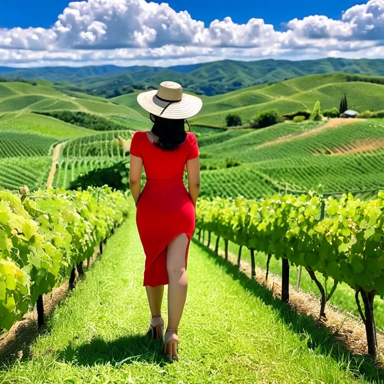 Asian woman,  large buttocks,  wide hips,  small waist,  
Landscape: Lush green vineyard with rolling hills in the background, under a clear blue sky with fluffy white clouds.
Attire: fitted red dress with a slit up the leg, and a wide-brimmed straw hat.
