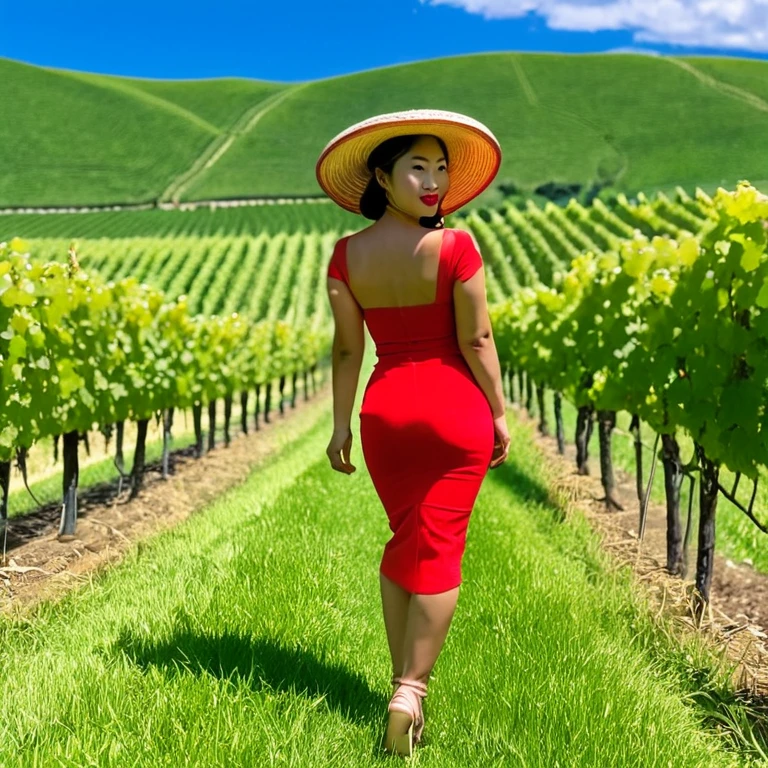 Asian woman,  large buttocks,  wide hips,  small waist,  
Landscape: Lush green vineyard with rolling hills in the background, under a clear blue sky with fluffy white clouds.
Attire: fitted red dress with a slit up the leg, and a wide-brimmed straw hat.
