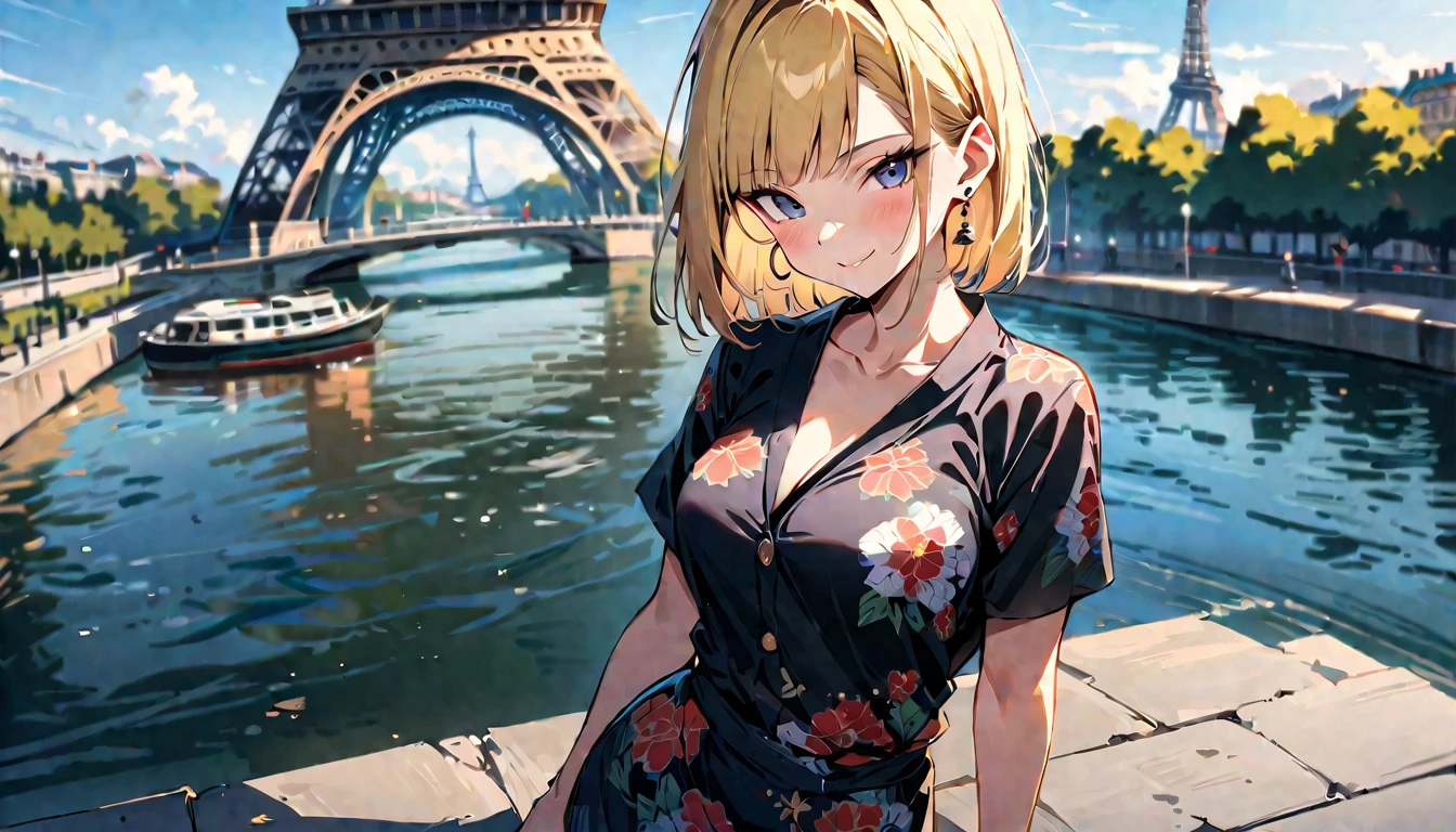 (masterpiece, best quality:1.2),1girl, (solo), Android 18 from Dragon Ball, ((floral print black Yukata)), medium breasts, blunt bangs, blonde short hair, black eyes, earrings on earlobes, slim, slender feminine figure, skinny body, blush, magnificent view, blur background, 8K, the Eiffel Tower, collarbone, riverside, sky, sunny, smile,