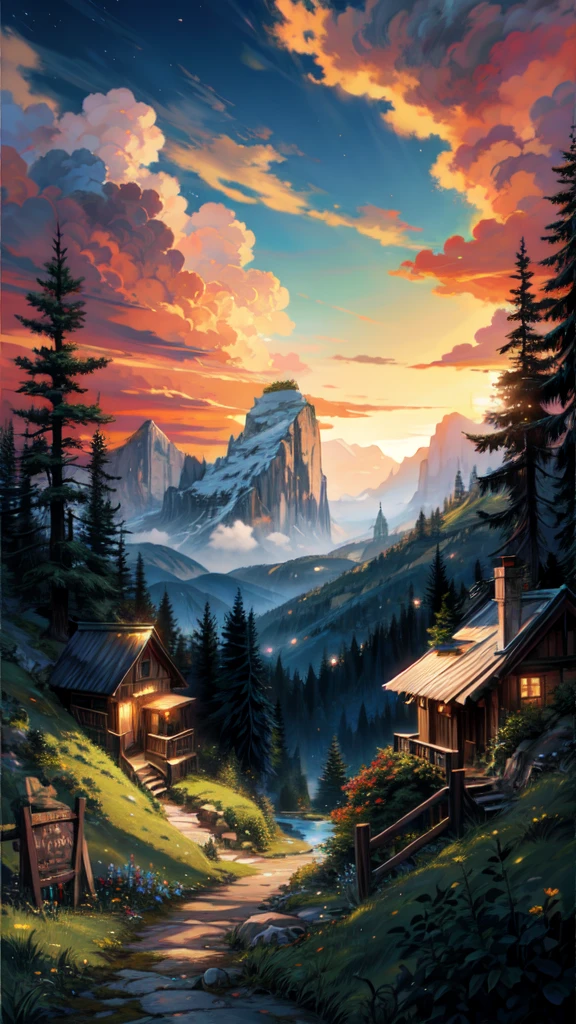 painting of a mountain valley, alleyway , beautiful scenery, waterfall, valley , garden,((glistening look)),hd, High quality, bushes,4k hd, cloud,beautiful art uhd 4 k, a beautiful artwork illustration, beautiful digital painting, highly detailed digital painting, beautiful digital artwork, detailed painting 4 k, very detailed digital painting, rich picturesque colors, gorgeous digital painting