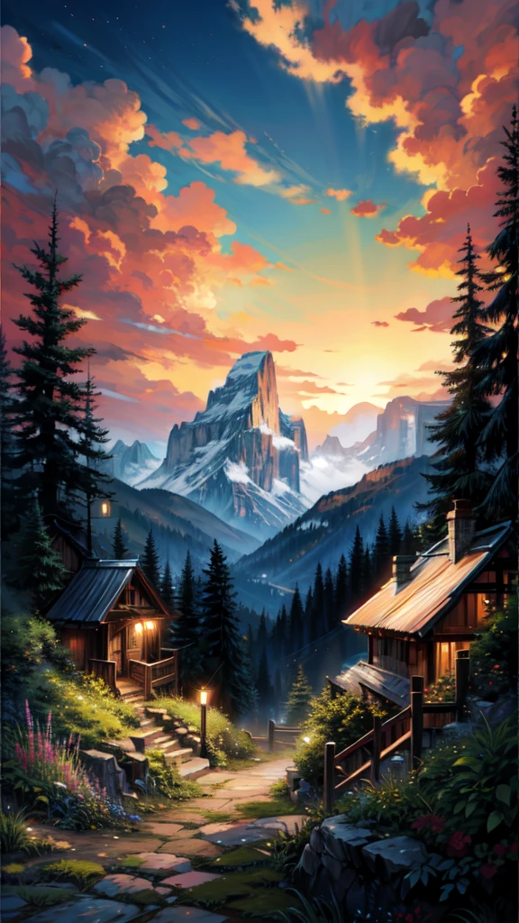 painting of a mountain valley, alleyway , beautiful scenery, waterfall, valley , garden,((glistening look)),hd, High quality, bushes,4k hd, cloud,beautiful art uhd 4 k, a beautiful artwork illustration, beautiful digital painting, highly detailed digital painting, beautiful digital artwork, detailed painting 4 k, very detailed digital painting, rich picturesque colors, gorgeous digital painting