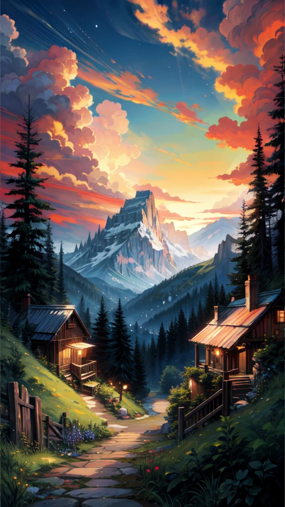 painting of a mountain valley, alleyway , beautiful scenery, waterfall, valley , garden,((glistening look)),hd, High quality, bushes,4k hd, cloud,beautiful art uhd 4 k, a beautiful artwork illustration, beautiful digital painting, highly detailed digital painting, beautiful digital artwork, detailed painting 4 k, very detailed digital painting, rich picturesque colors, gorgeous digital painting