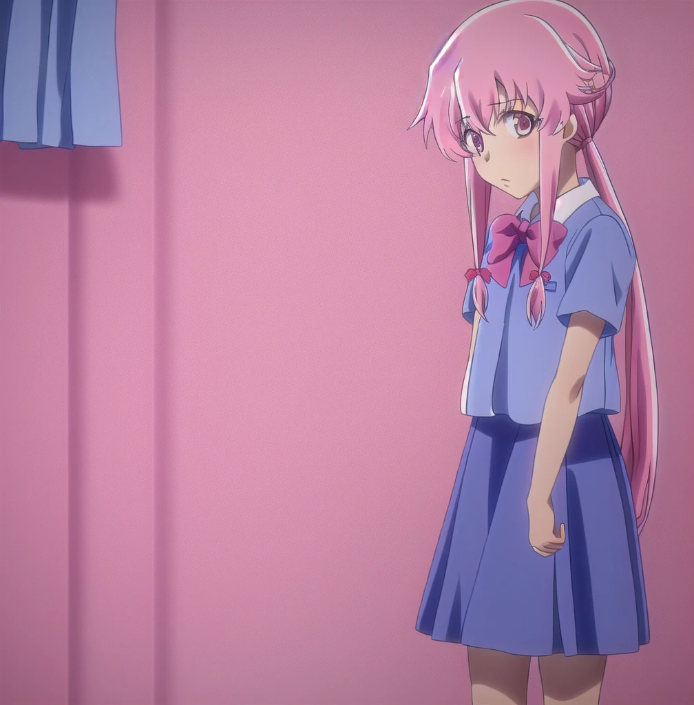 æå¦»ç±ä¹,1girl,pink hair, pink eyes,hair bow,sidelocks,twintails,ponytail,shiny hair,
,red bowtie,blue skirt,blue shirt,pleated skirt,short sleeves,looking at viewer,, Exquisite visuals, high-definition,masterpiece,best quality,