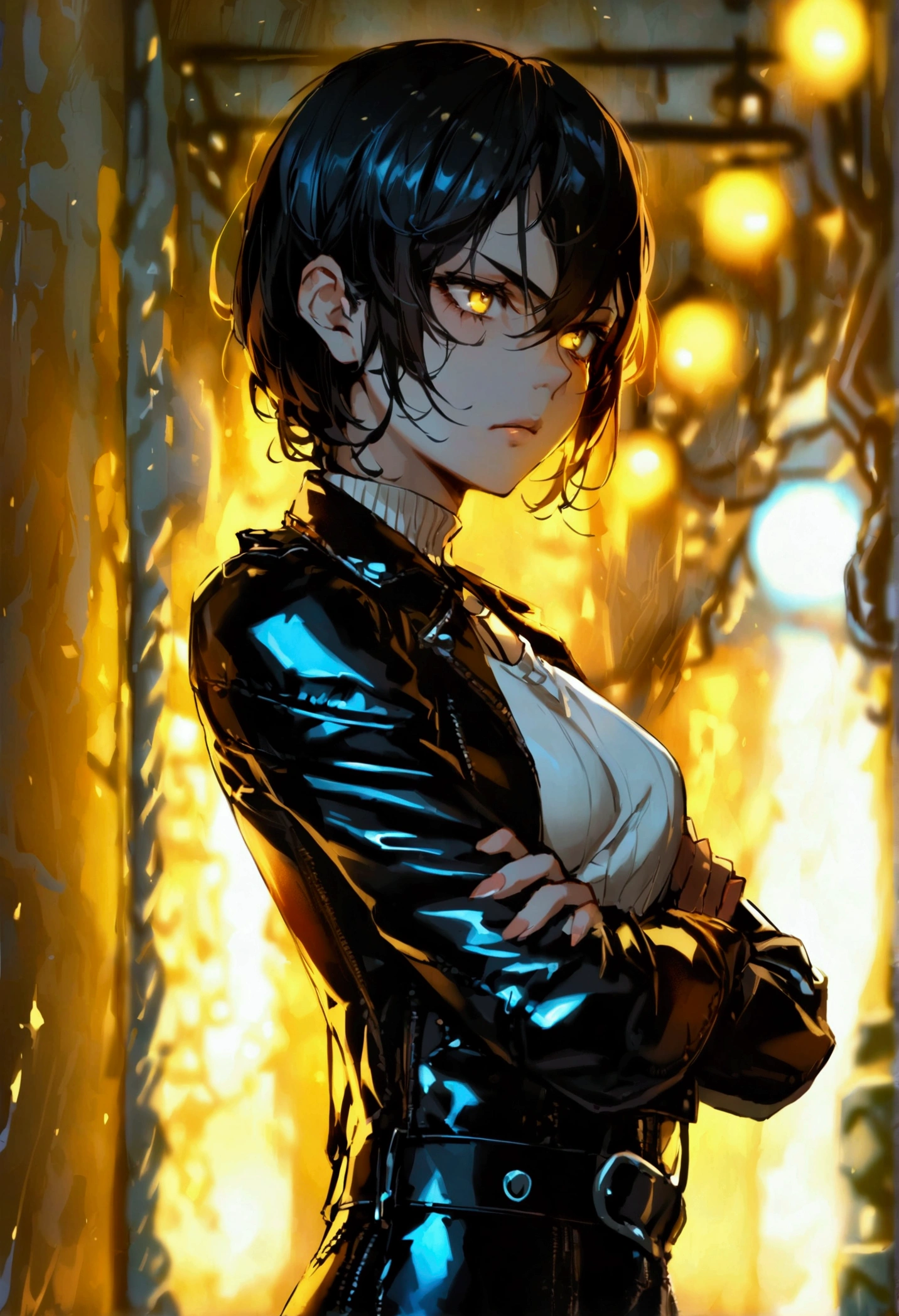 side profile, Han,beautiful young warrior , with a very detailed and beautiful face, gorgeous eyes, gorgeous eyes, gorgeous face, beautiful young woman wearing long black leggings with black details, usando leather jacket preta, standing in an office, wearing black boots, horn hair, with black fringe, , sorriso Malignant ,white sweater with strap around, serious look,usando leather jacket preto, leather jacket,staring overhead,yellow lighting, Malignant,crossed arms,side profile

